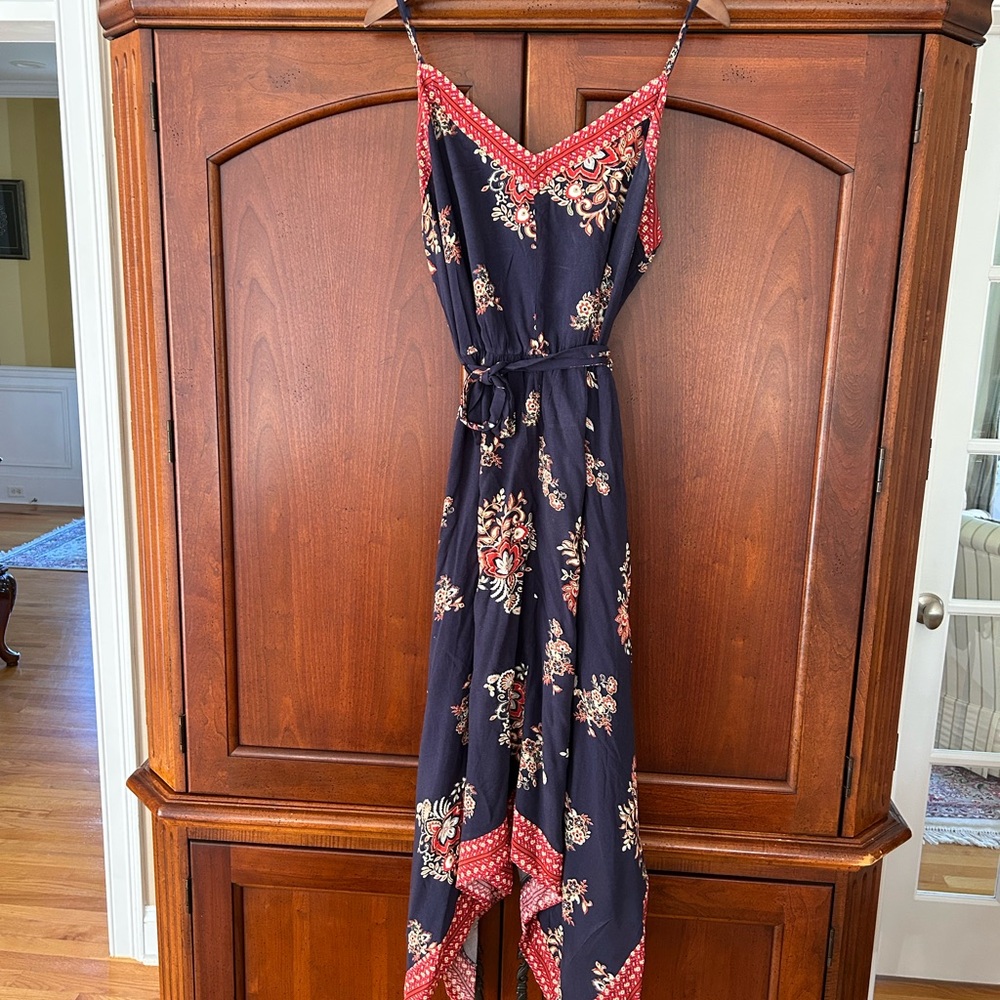 Floral Navy and Red Women's Dress - Summer vacation dress, size large